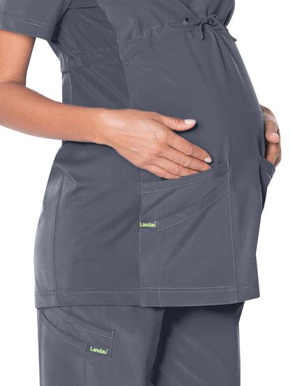 Women's 3-Pocket Adjustable Drawstring Empire Waist V-Neck Maternity Scrub Top - 4399 - Steel