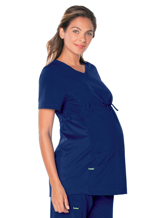 Women's 3-Pocket Adjustable Drawstring Empire Waist V-Neck Maternity Scrub Top - 4399 - True Navy