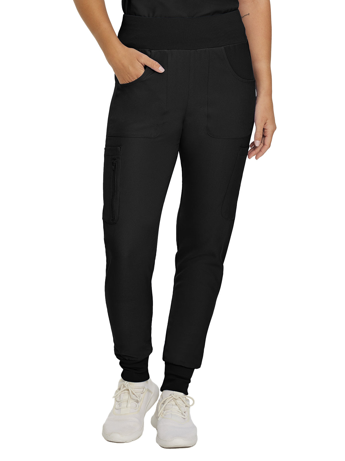 Women's 7-Pocket Mid-Rise Rib-Knit Elastic Waist Cargo Scrub Pant - LB401 - Black