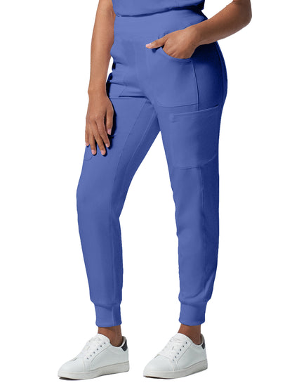 Women's 7-Pocket Mid-Rise Rib-Knit Elastic Waist Cargo Scrub Pant - LB401 - Ceil Blue