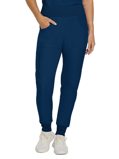 Women's 7-Pocket Mid-Rise Rib-Knit Elastic Waist Cargo Scrub Pant - LB401 - Navy