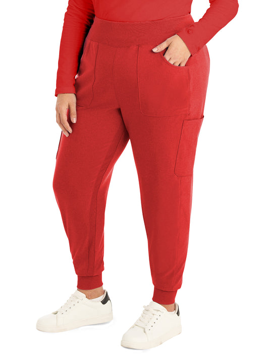 Women's 7-Pocket Mid-Rise Rib-Knit Elastic Waist Cargo Scrub Pant - LB401 - Red