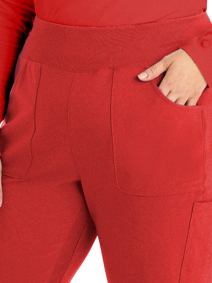 Women's 7-Pocket Mid-Rise Rib-Knit Elastic Waist Cargo Scrub Pant - LB401 - Red