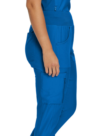 Women's 7-Pocket Mid-Rise Rib-Knit Elastic Waist Cargo Scrub Pant - LB401 - Royal