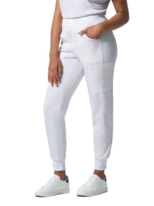 Women's 7-Pocket Mid-Rise Rib-Knit Elastic Waist Cargo Scrub Pant - LB401 - White