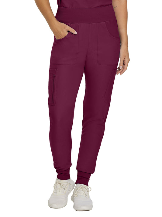 Women's 7-Pocket Mid-Rise Rib-Knit Elastic Waist Cargo Scrub Pant - LB401 - Wine