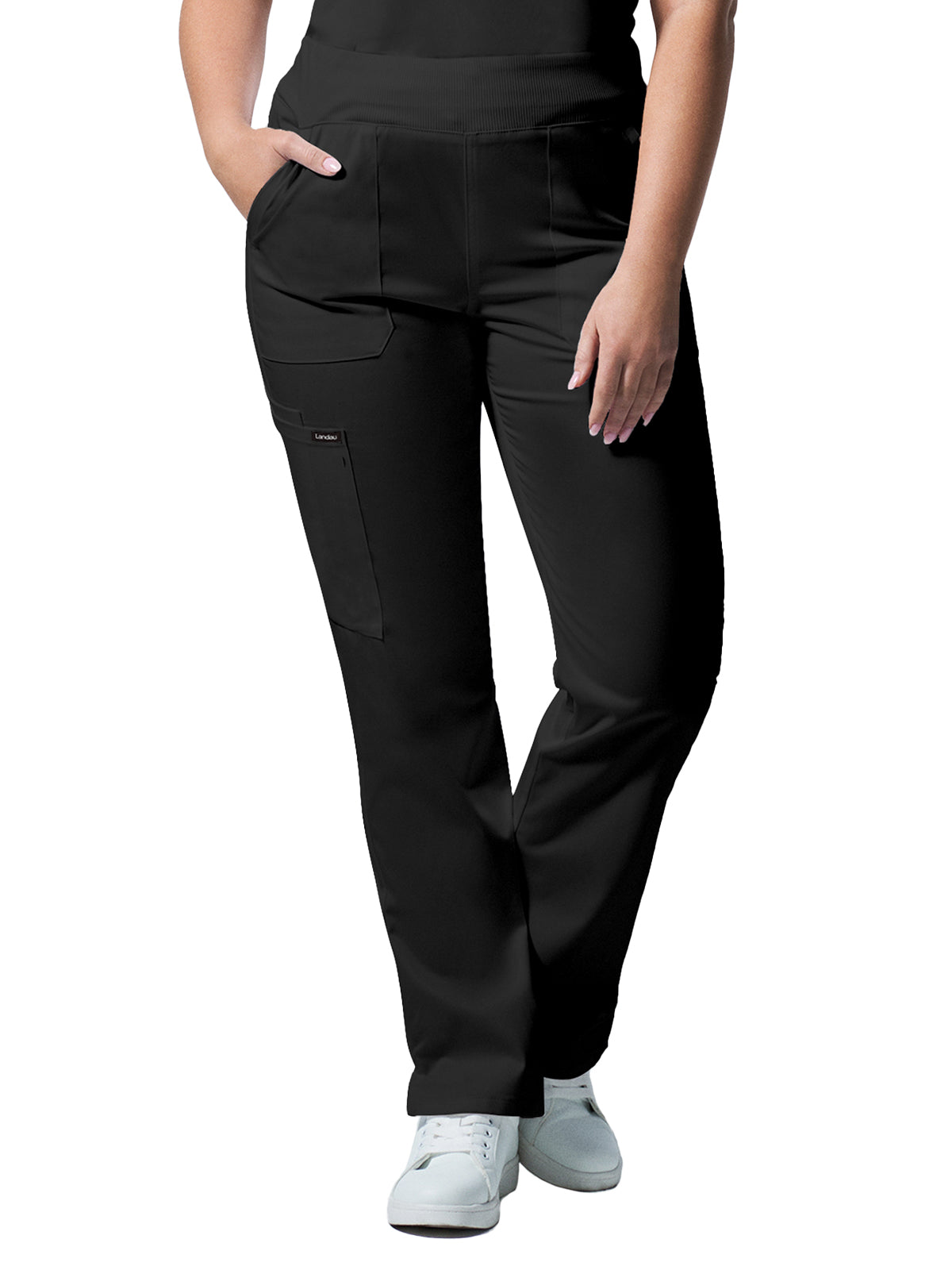 Women's 5-Pocket Mid-Rise Rib-Knit Elastic Waist Straight Leg Scrub Pant - LB405 - Black