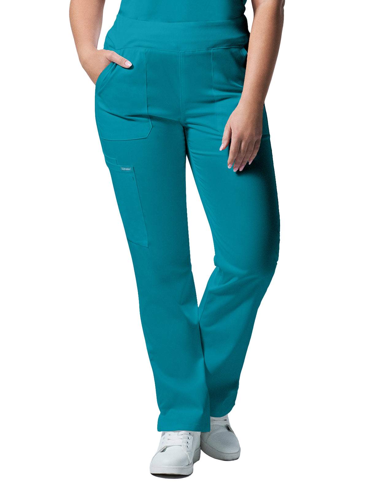 Women's 5-Pocket Mid-Rise Rib-Knit Elastic Waist Straight Leg Scrub Pant - LB405 - Teal