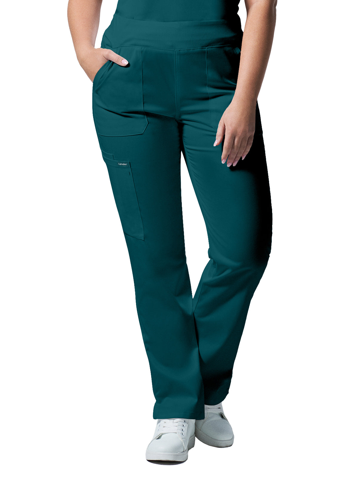 Women's 5-Pocket Mid-Rise Rib-Knit Elastic Waist Straight Leg Scrub Pant - LB405 - Caribbean