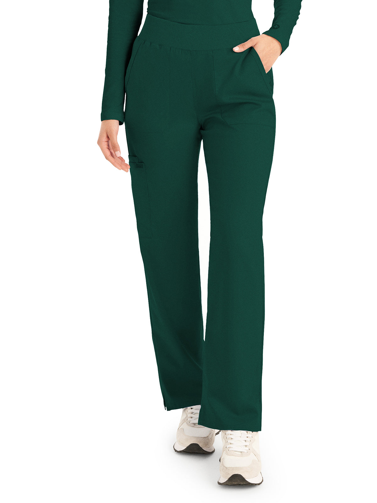 Women's 5-Pocket Mid-Rise Rib-Knit Elastic Waist Straight Leg Scrub Pant - LB405 - Hunter