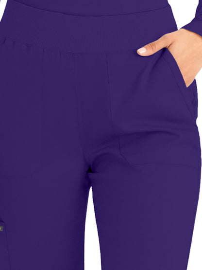 Women's 5-Pocket Mid-Rise Rib-Knit Elastic Waist Straight Leg Scrub Pant - LB405 - Grape