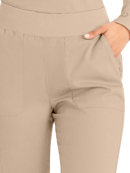 Women's 5-Pocket Mid-Rise Rib-Knit Elastic Waist Straight Leg Scrub Pant - LB405 - Sandstone