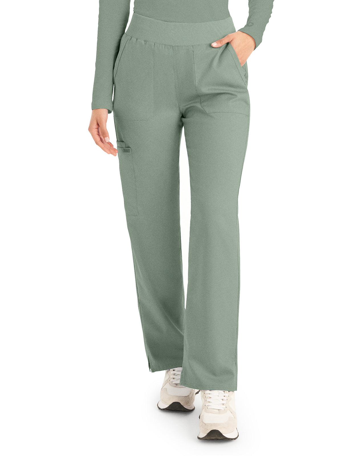 Women's 5-Pocket Mid-Rise Rib-Knit Elastic Waist Straight Leg Scrub Pant - LB405 - Sea Grass