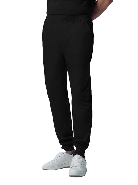 Men's 7-Pocket Mid-Rise Rib-Knit Elastic Waist Jogger Scrub Pant - LB407 - Black