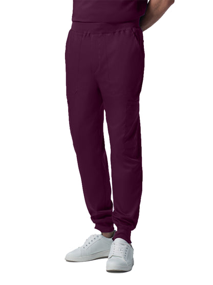 Men's 7-Pocket Mid-Rise Rib-Knit Elastic Waist Jogger Scrub Pant - LB407 - Wine