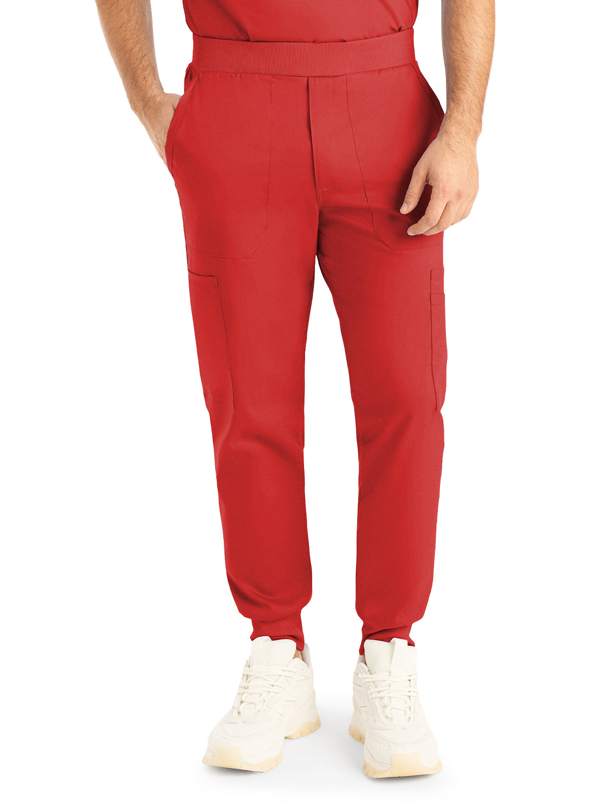 Men's 7-Pocket Mid-Rise Rib-Knit Elastic Waist Jogger Scrub Pant - LB407 - True Red