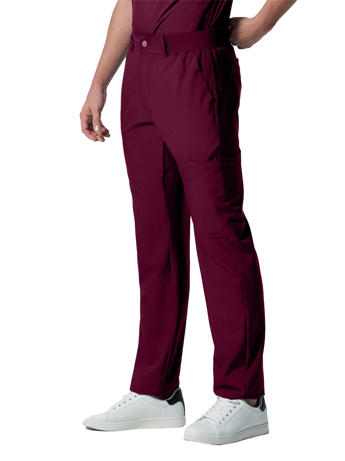 Men's 8-Pocket Mid-Rise Rib-Knit Elastic Waist Cargo Scrub Pant - LB410 - Wine