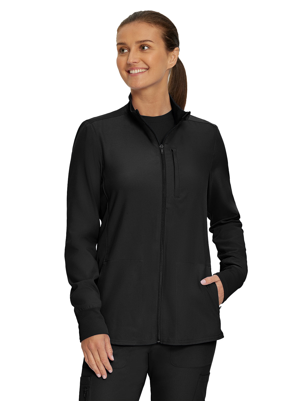 Women's 3-Pocket Mock-Neck Zip-Front Scrub Jacket - LJ700 - Black