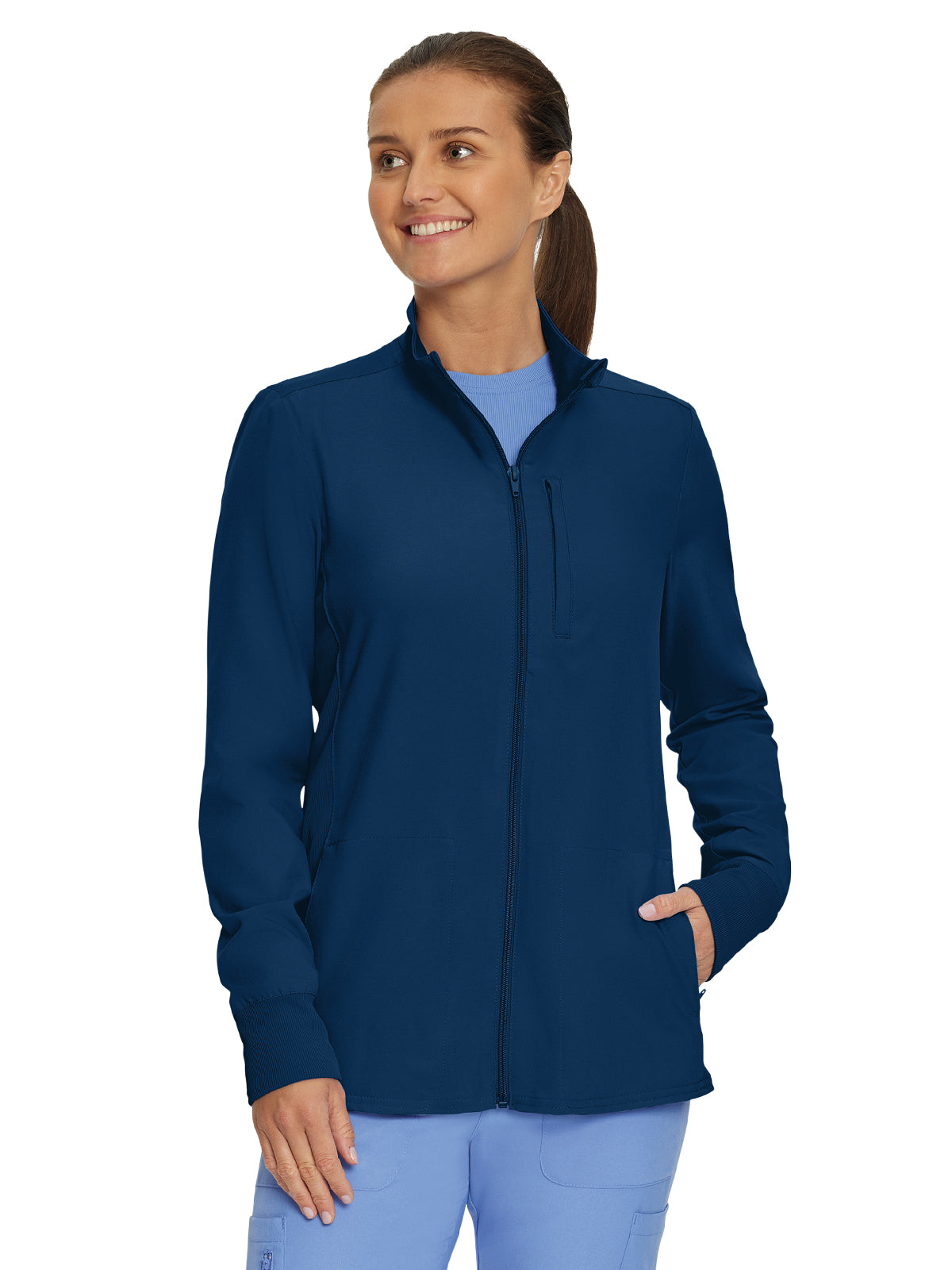 Women's 3-Pocket Mock-Neck Zip-Front Scrub Jacket - LJ700 - Navy