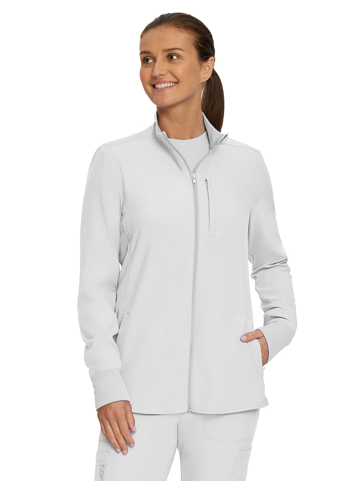 Women's 3-Pocket Mock-Neck Zip-Front Scrub Jacket - LJ700 - White