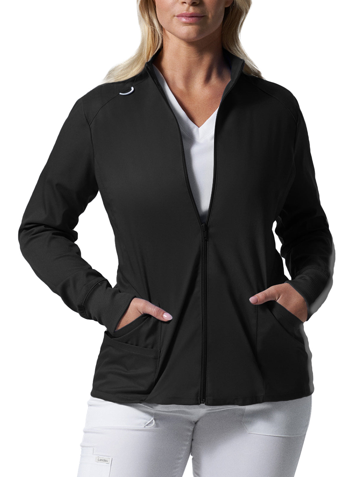 Women's 3-Pocket Mock Neck Zip-Front Scrub Jacket - LJ701 - Black