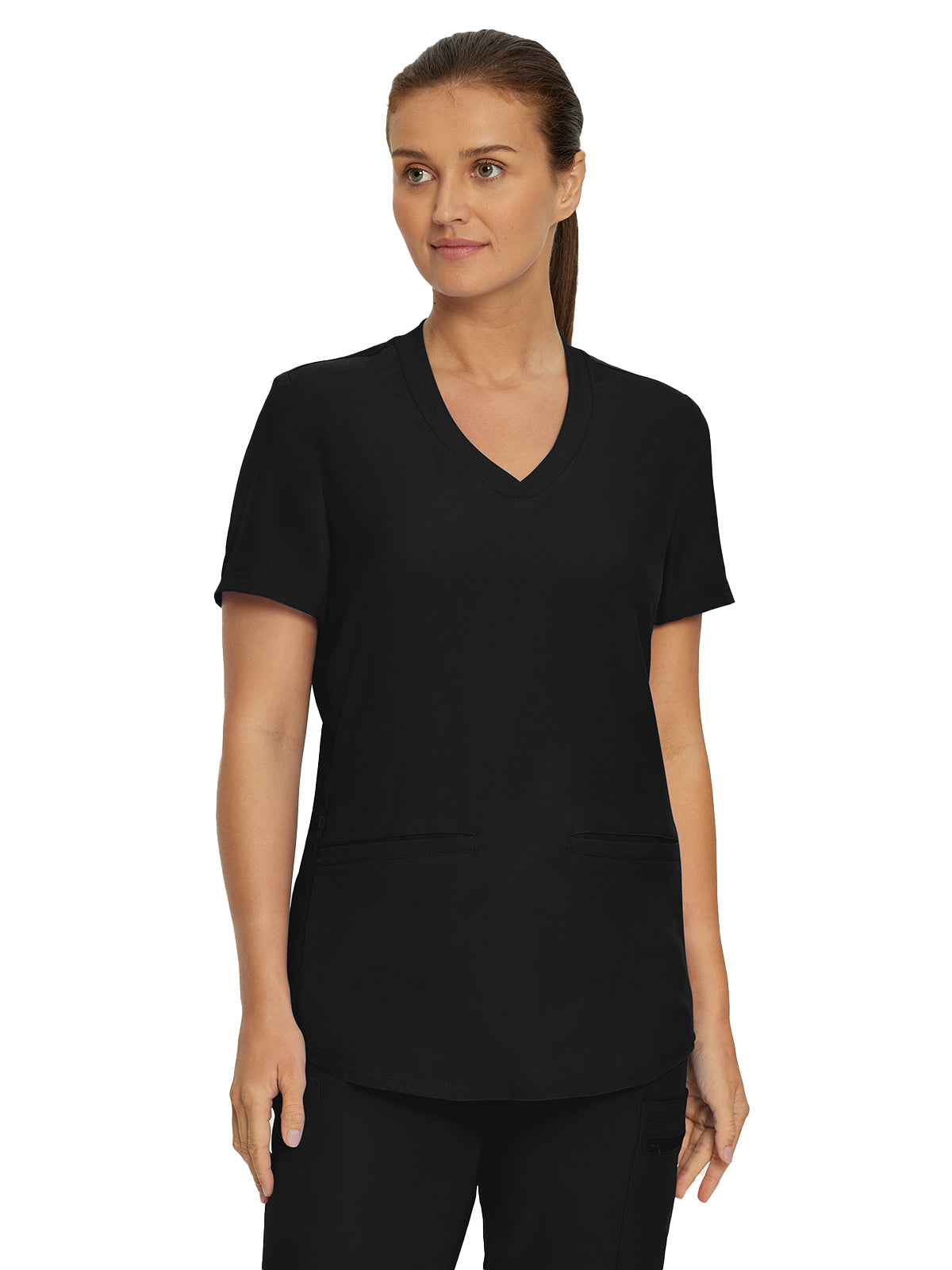 Women's 3-Pocket Rib-Knit Neckline V-Neck Scrub Top - LT100 - Black