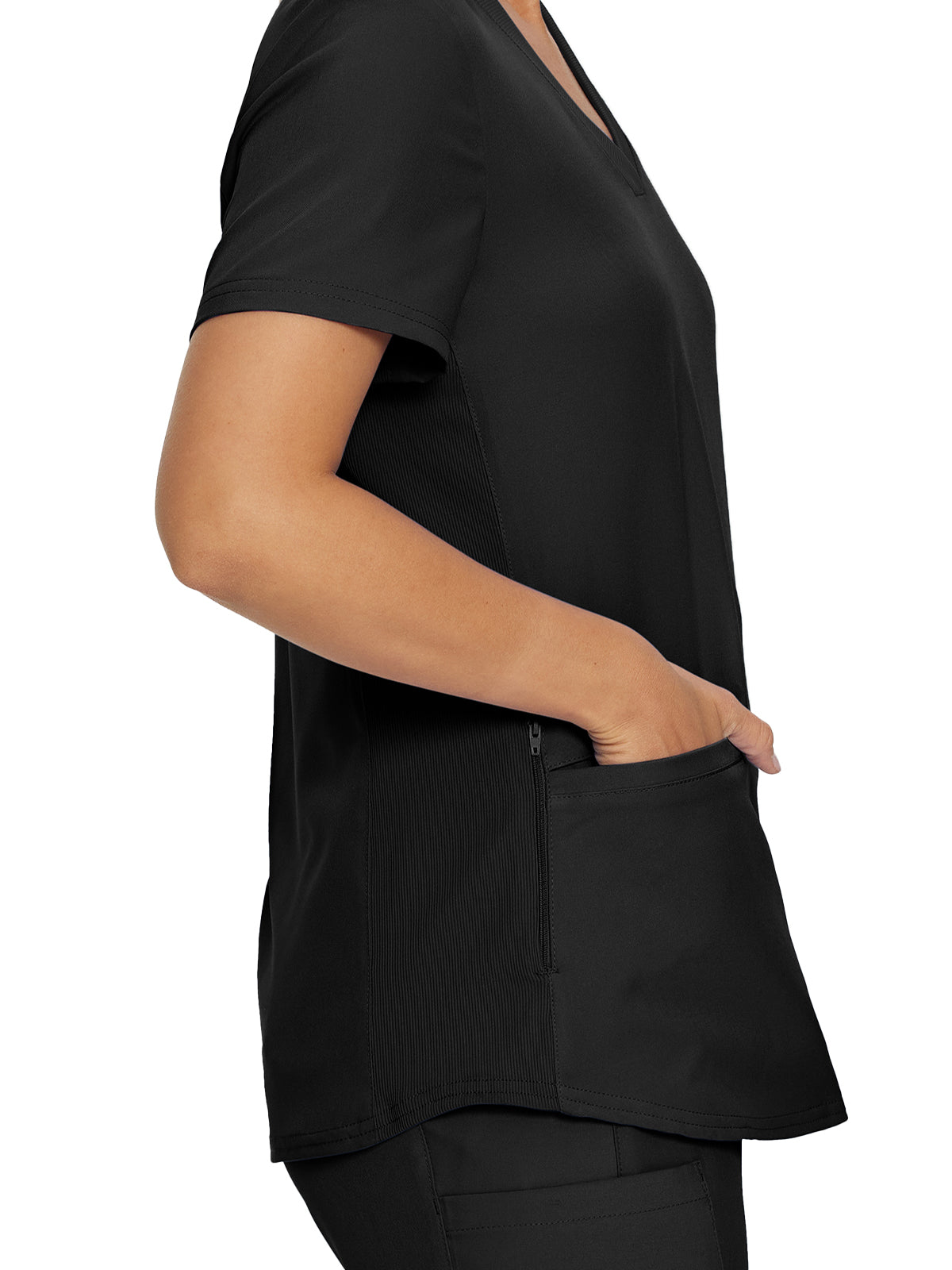 Women's 3-Pocket Rib-Knit Neckline V-Neck Top - LT100 - Black