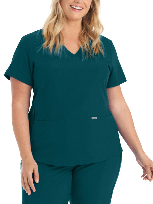 Women's 3-Pocket Rib-Knit Neckline V-Neck Scrub Top - LT100 - Caribbean