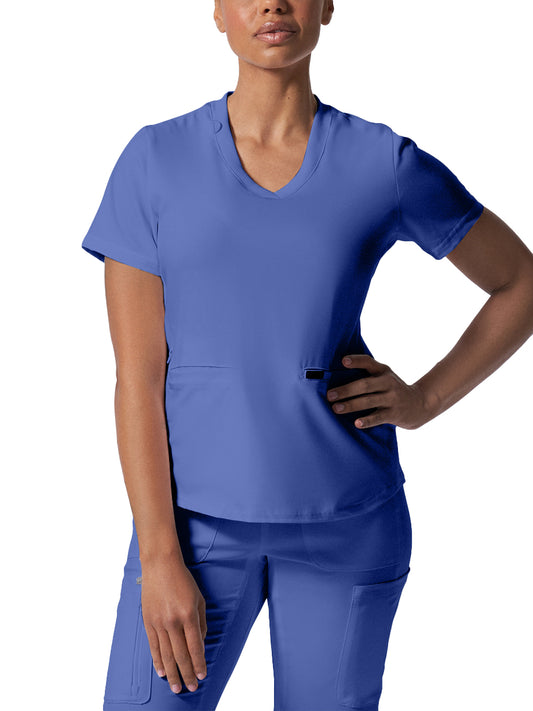 Women's 3-Pocket Rib-Knit Neckline V-Neck Scrub Top - LT100 - Ceil Blue