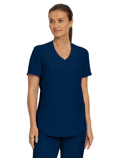 Women's 3-Pocket Rib-Knit Neckline V-Neck Scrub Top - LT100 - Navy