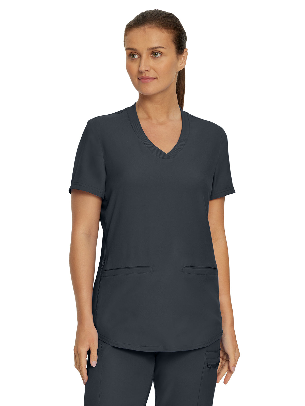 Women's 3-Pocket Rib-Knit Neckline V-Neck Scrub Top - LT100 - Pewter