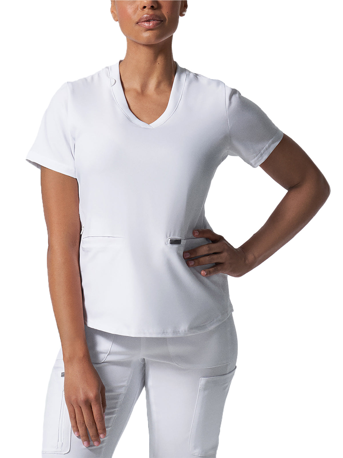 Women's 3-Pocket Rib-Knit Neckline V-Neck Scrub Top - LT100 - White