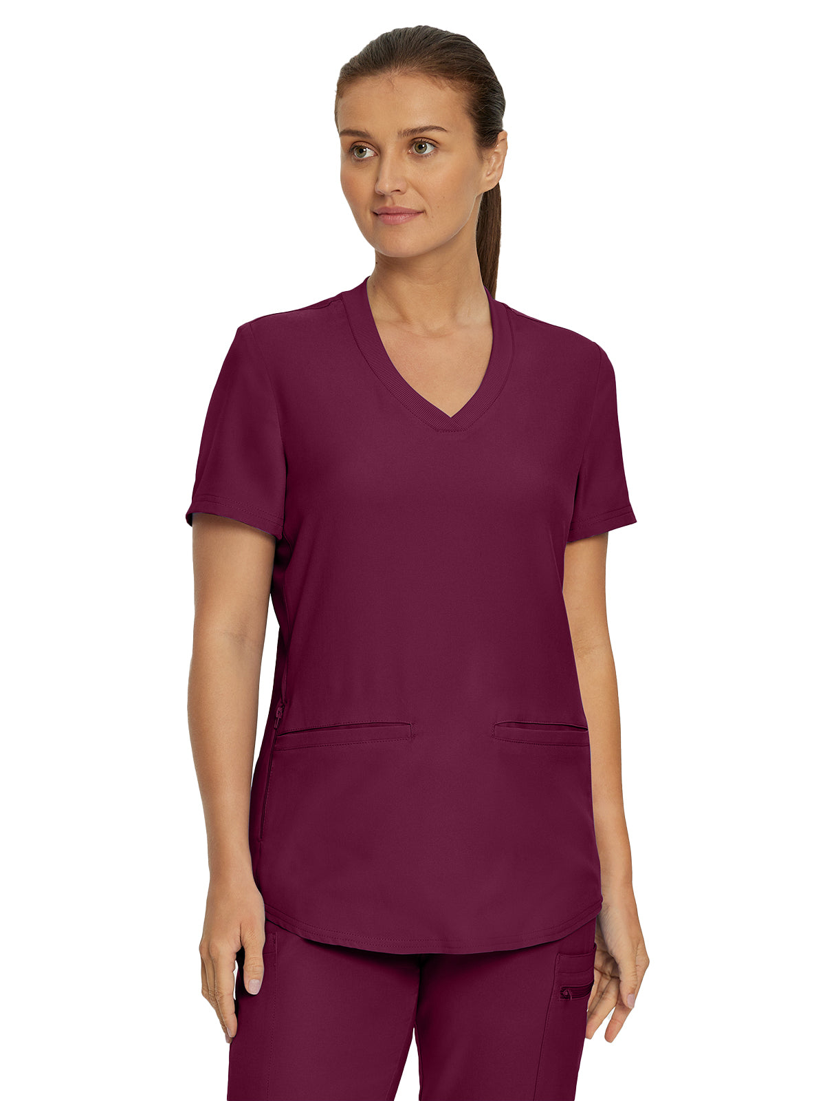 Women's 3-Pocket Rib-Knit Neckline V-Neck Scrub Top - LT100 - Wine