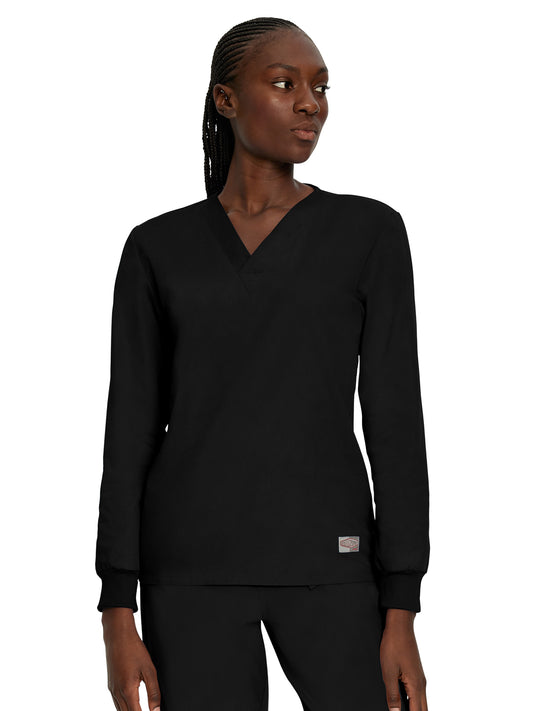 Unisex No-Pocket Crossover V-Neck Long-Sleeve Scrub Top - LT104 - Black