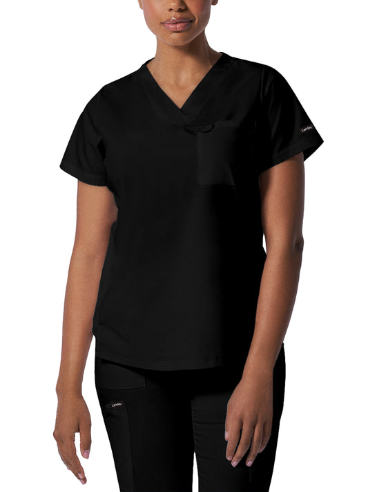 Women's 2-Pocket Back Princess Seamed V-Neck Scrub Top - LT107 - Black