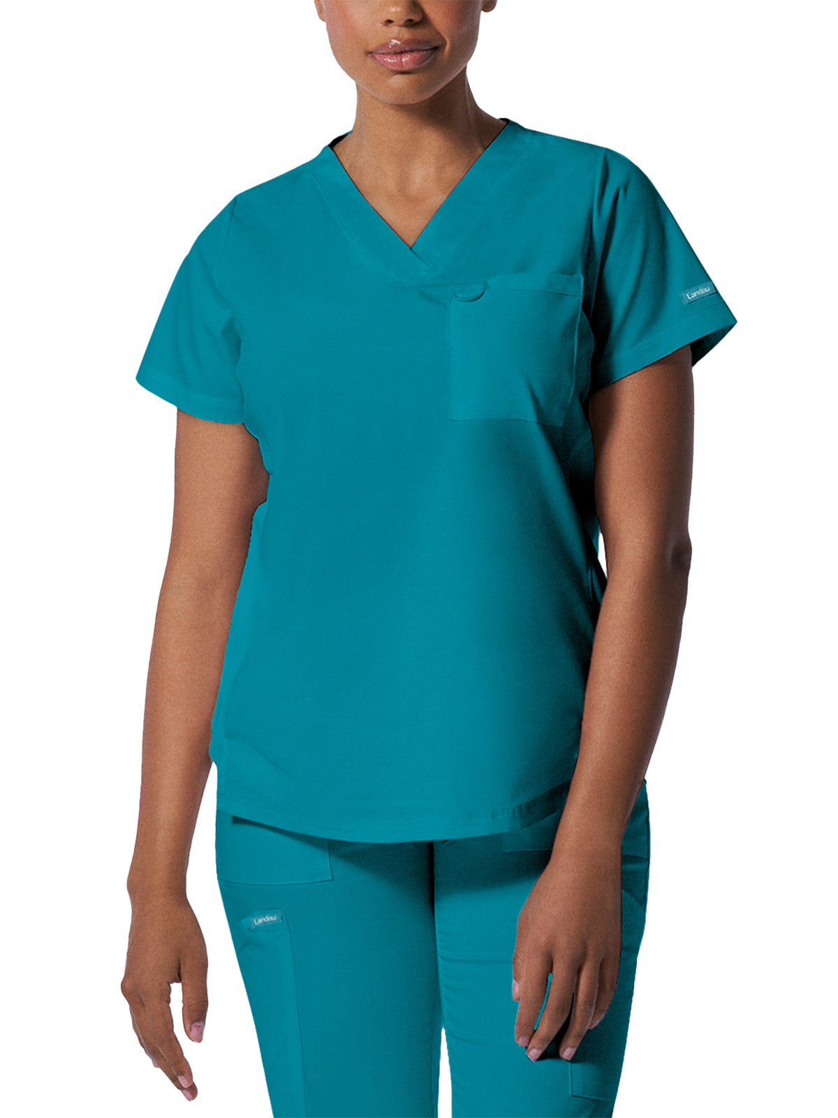 Women's 2-Pocket Back Princess Seamed V-Neck Scrub Top - LT107 - Teal