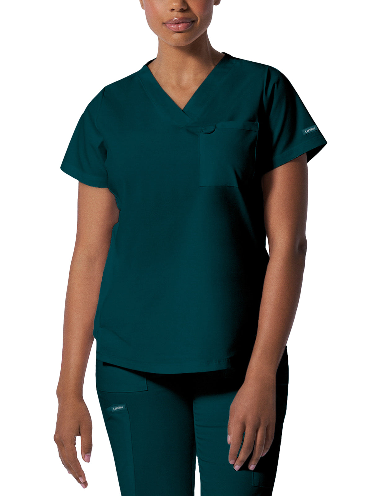 Women's 2-Pocket Back Princess Seamed V-Neck Scrub Top - LT107 - Caribbean