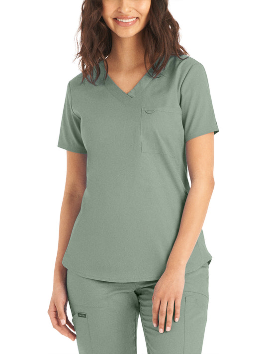 Women's 2-Pocket Back Princess Seamed V-Neck Scrub Top - LT107 - Sea Grass