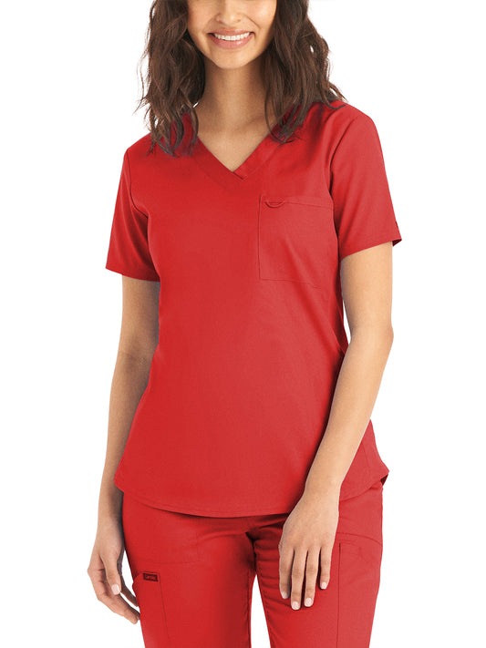 Women's 2-Pocket Back Princess Seamed V-Neck Scrub Top - LT107 - True Red