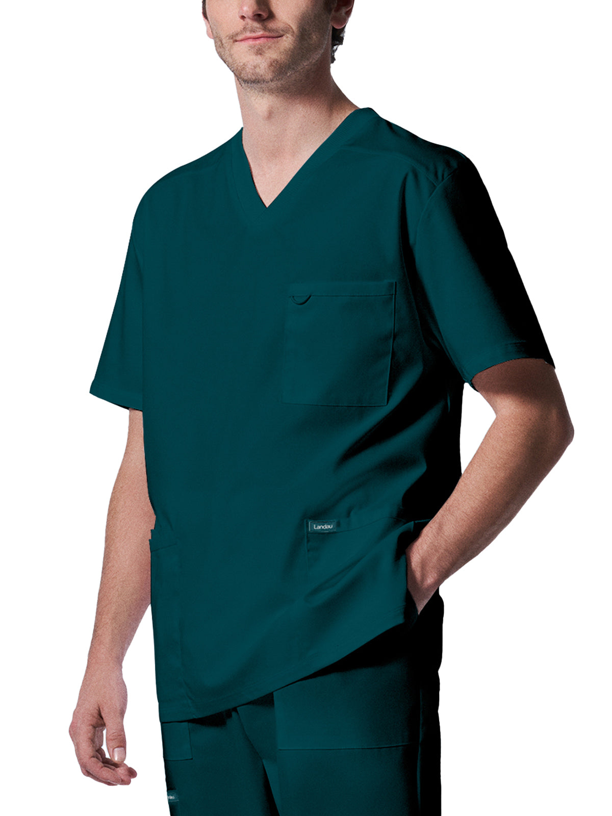 Men's 4-Pocket Back Yoke V-Neck Scrub Top - LT109 - Caribbean