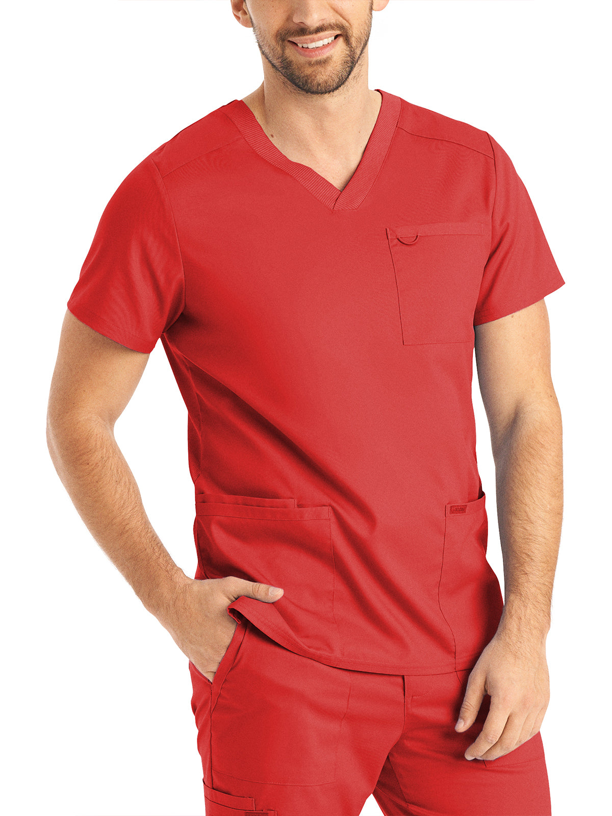 Men's 4-Pocket Back Yoke V-Neck Scrub Top - LT109 - True Red