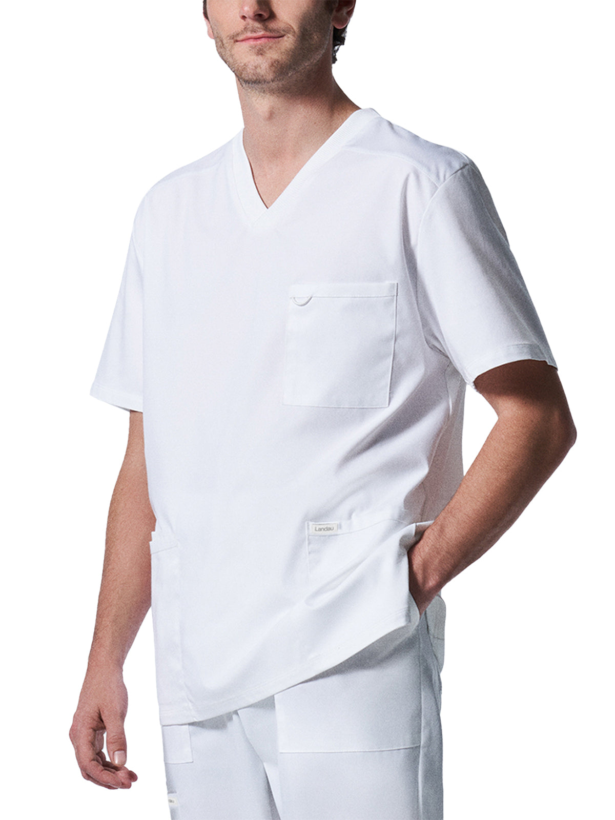 Men's 4-Pocket Back Yoke V-Neck Scrub Top - LT109 - White