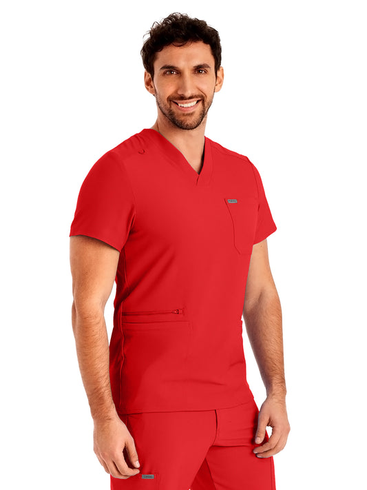 Men's 4-Pocket Back Yoke V-Neck Scrub Top - LT110 - Red