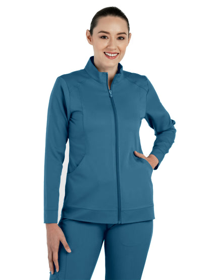 Women's Mandarin Collar Scrub Jacket - 1434 - Caribbean Blue