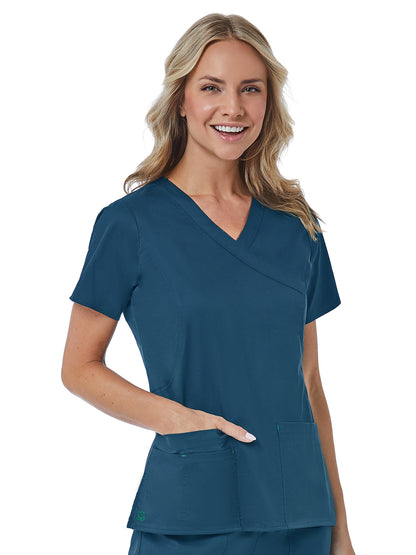 Women's Four-Pocket Mock Wrap Top - 1102 - Caribbean Blue/Teal Blue