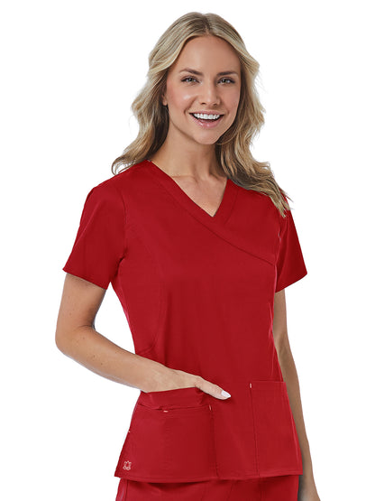 Women's Four-Pocket Mock Wrap Top - 1102 - Crimson/Light Pink