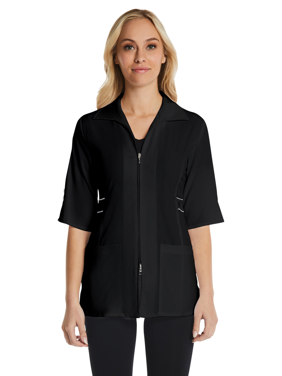 Women's Four-Pocket Maevn Smart Half Sleeve Contrast Trim Jacket - 8802 - Black