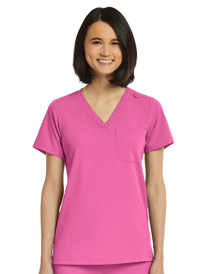 Women's Fitted One-Pocket V-Neck Scrub Top - SJ101 - Pink Pop