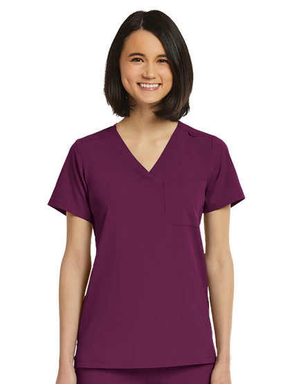 Women's Fitted One-Pocket V-Neck Scrub Top - SJ101 - Wine