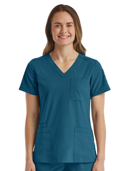 Women's Fitted Six-Pocket V-Neck Scrub Top - SJ103 - Caribbean